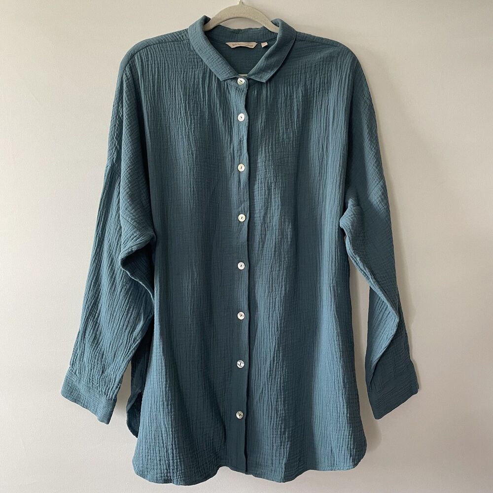 Soft Surroundings Button Front Gauze Tunic Shirt Blue Long Sleeve Size 1X-mpv